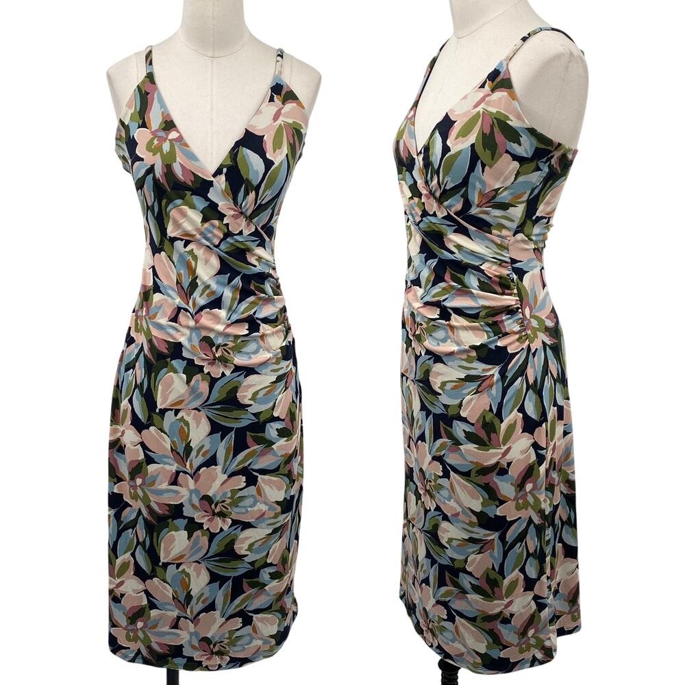 Joie Floral Print Midi Dress Faux Wrap Surplice V Neck Stretchy Navy Pink NEW S
